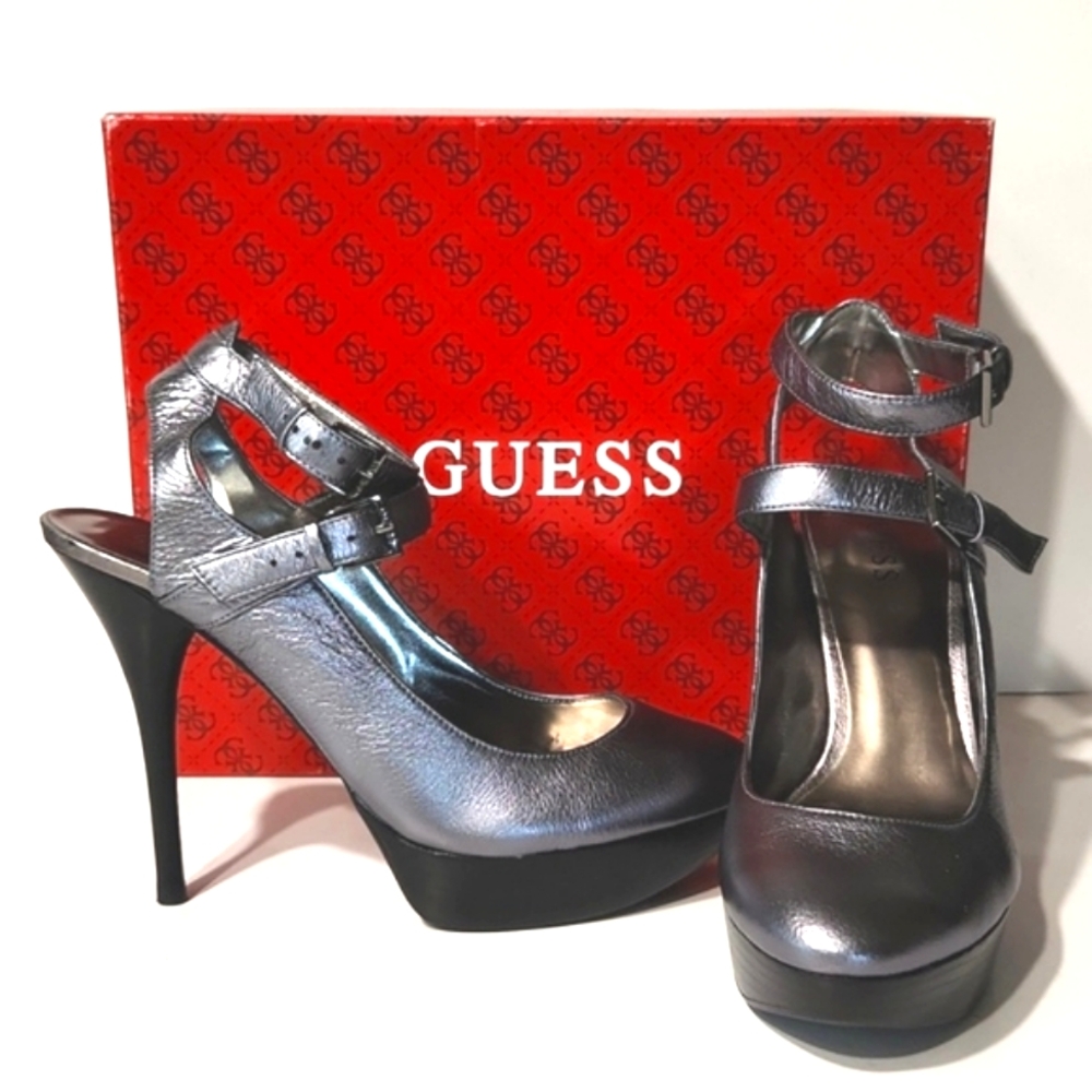 Guess Platform Pewter Leather Ankle Strap Stileto Heels Size 8.5 M EUC!!